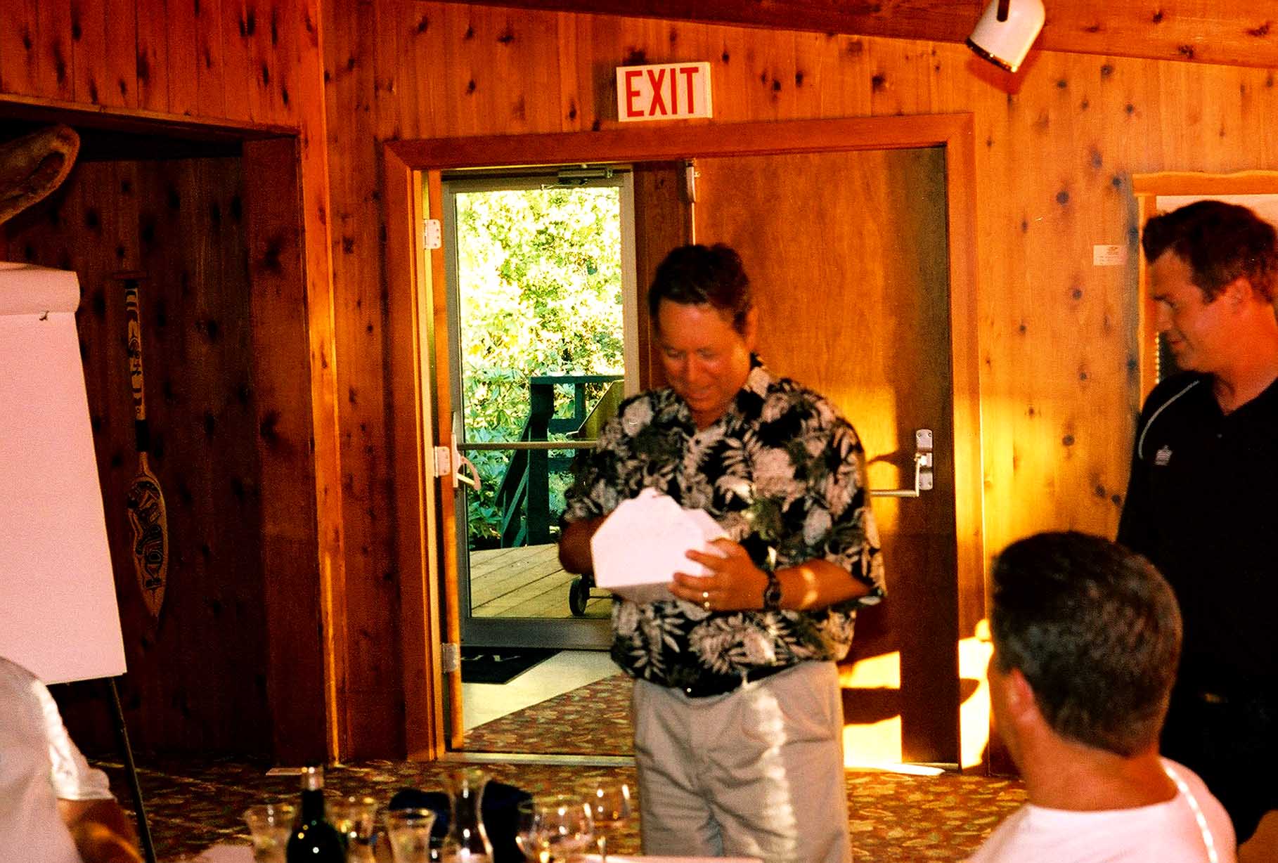 April Point dinner, Ron with prizes
